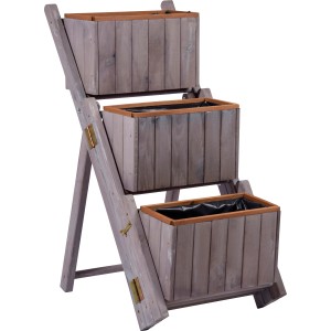 Dreistufige, graue Pflanztreppe aus Holz, ideal für den vertikalen Garten.