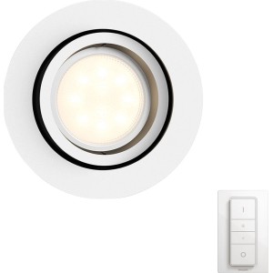 Weißer Philips Hue LED-Einbauspot Milliskin mit Dimmschalter, runde Form.