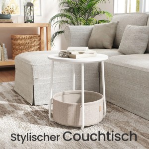 Songmics Beistelltisch Lilea, runder Couchtisch in Weiß-Beige mit Stoffkorb.