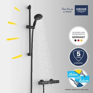 Schwarze Grohe Precision Start Thermostat-Brausebatterie mit Handbrause und Brausestange.