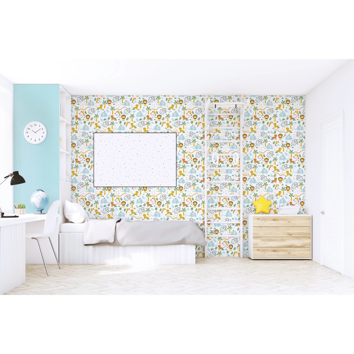 Kinderzimmer mit hellblauer Vliestapete mit Tiermotiven.