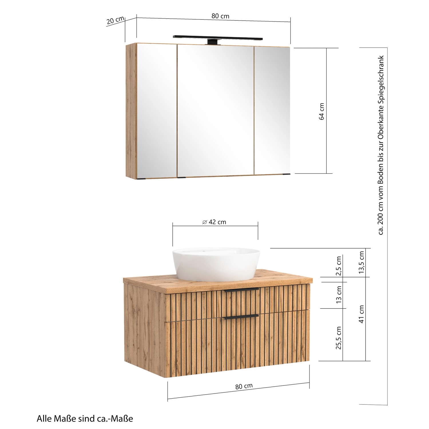 Held Möbel Waschtisch-Set Keramikbecken Weiß 200 x 80 x 47 cm Eiche 2-tlg._13