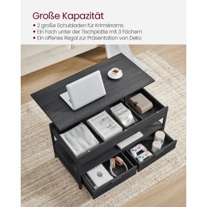 Anthrazitgrauer Vasagle Kaffeetisch mit Liftfunktion, Schubladen und Fächern für Stauraum.