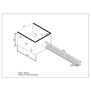 U-Form Pfostenträger mit Steindolle, 200x91x60 mm, für 90 mm Pfosten.
