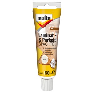 Tube Molto Laminat- & Parkettspachtel, weiß, 50ml. Zum Ausbessern von Schäden an Holzböden.