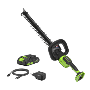 Greenworks Akku-Heckenschere Gen 2, 56 cm Klinge, schwarz-limettengrün, mit Akku und Ladegerät.