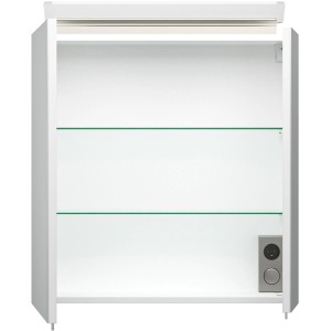 Offener Posseik Spiegelschrank, 60 cm, weiß, mit zwei Glasböden und Aufsatzleuchte.