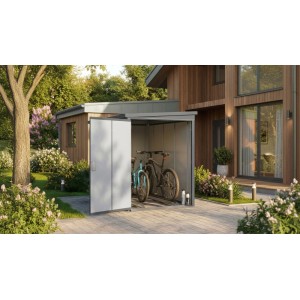 Anthrazitfarbene Weka Metall-Bikebox Gary mit zwei Fahrrädern im Garten.