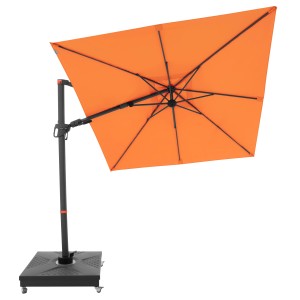 Quadratischer, orangefarbener Doppler Ampelschirm MyZone 210x210 mit Kurbel und grauem Ständer.