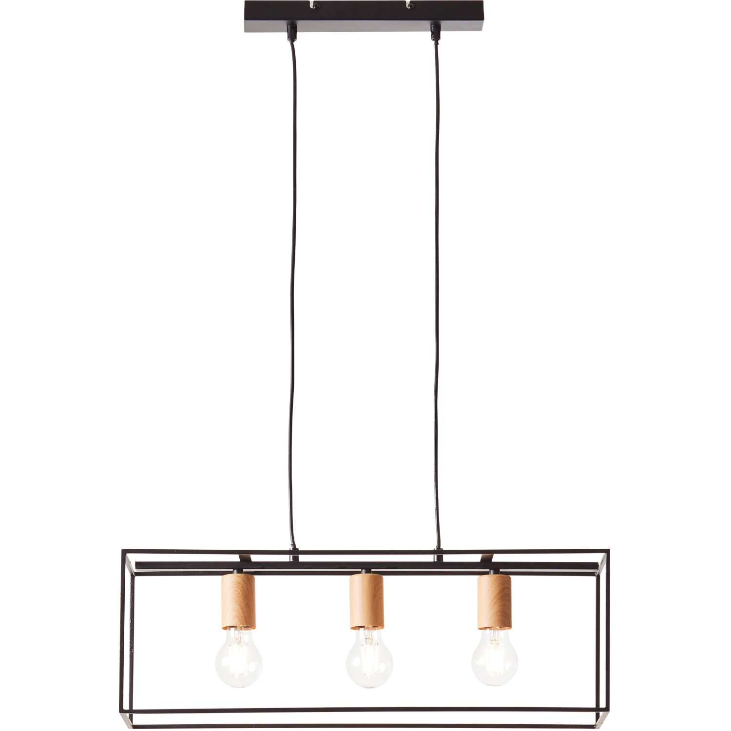 Schwarze, 3-flammige Pendelleuchte Arica mit Holzdetails. Moderne Hängelampe für Wohnzimmer und Essbereich.