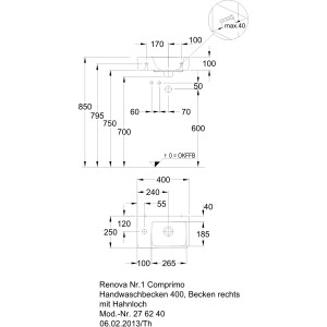 Technische Zeichnung Geberit Renova Compact Handwaschbecken, 40 cm, mit Maßen.