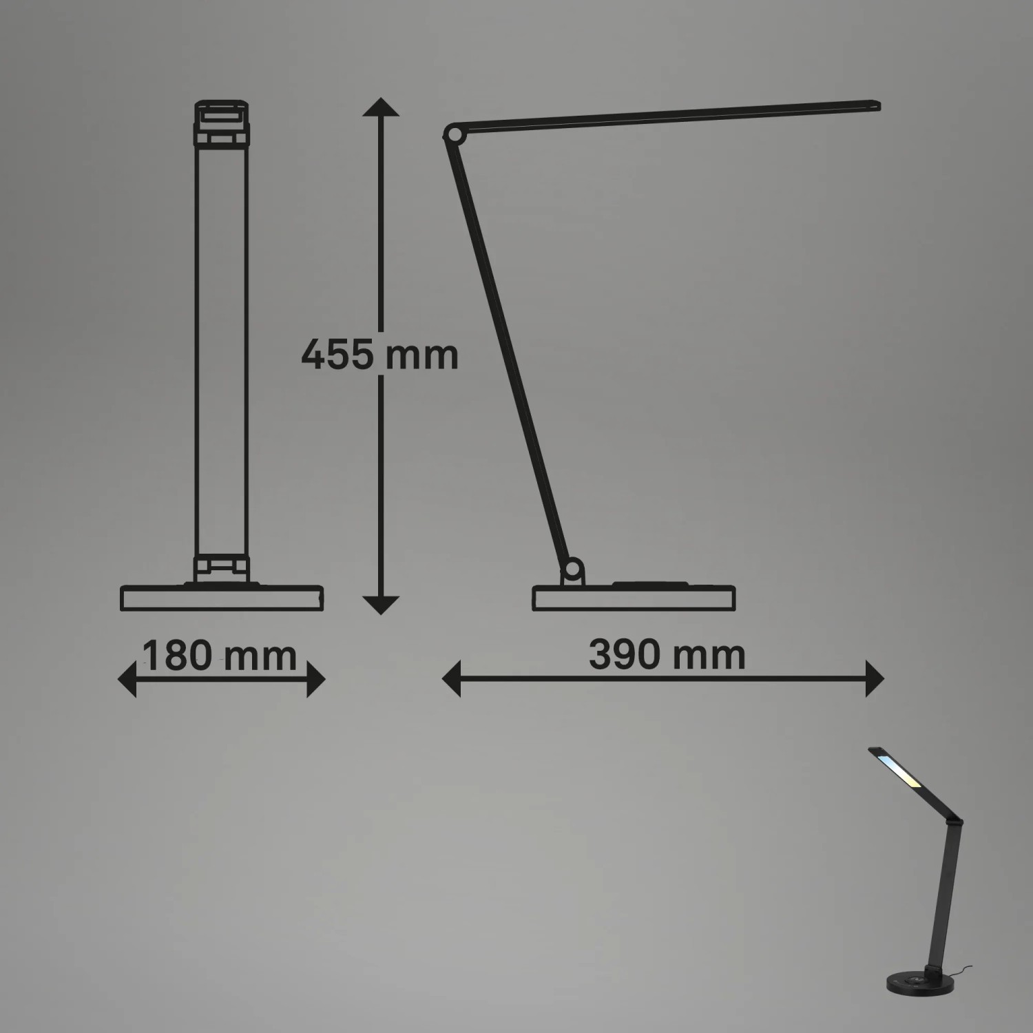 Skizze der schwarzen Brilo LED Schreibtischleuchte Cuma mit Maßen und Produkt in Nutzung.