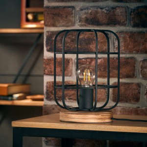 Moderne Tischleuchte Gwen in Schwarz/Holz Optik mit E27 Fassung für Schreibtisch oder Nachttisch.