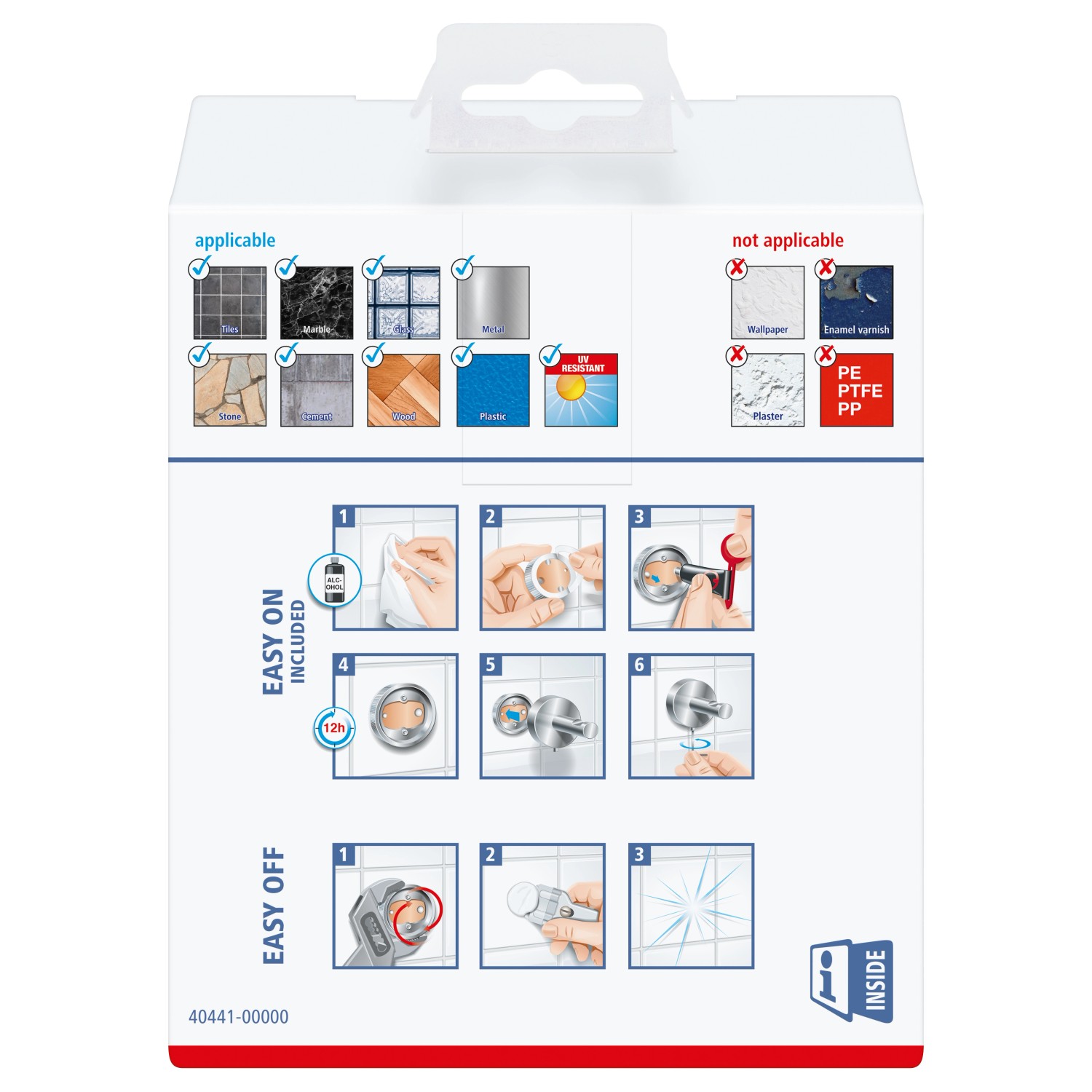 Verpackung des Tesa Elegaant Fönhalters Chrom mit Montageanleitung.