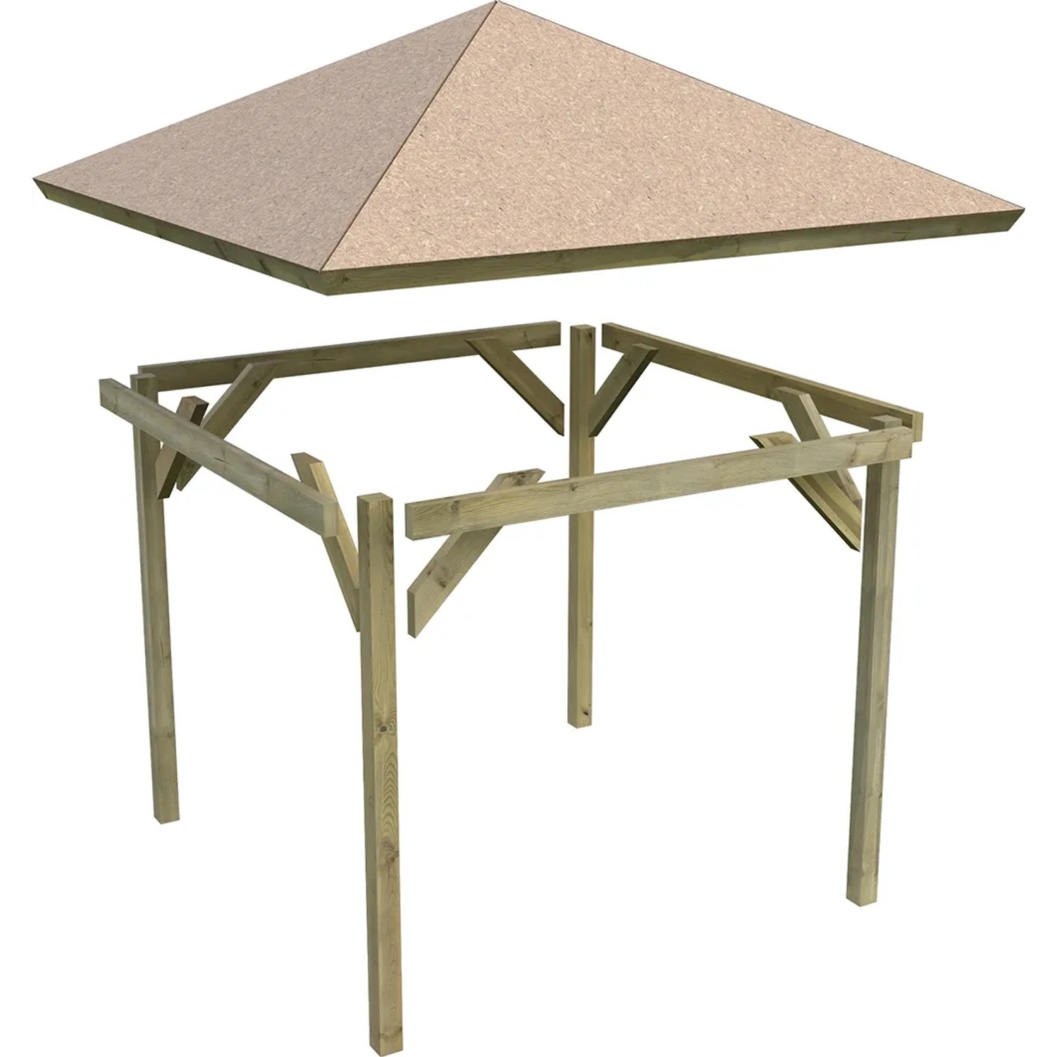 Karibu Pavillon Hedmark 1 aus kesseldruckimprägniertem Holz, bestehend aus Pfosten, Querverbindern und Dachplatten.