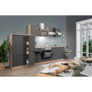 Respekta Economy Küchenzeile KB300ESGSC, 300 cm, Grau-Eiche Sägerau mit E-Geräten.