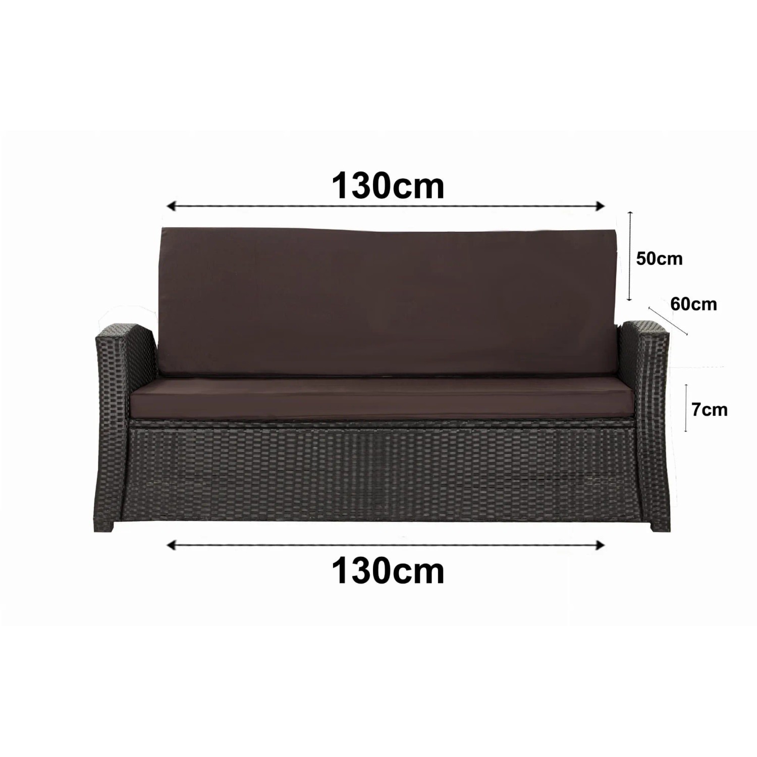 Braunes Gartenkissen-Set für 2-Sitzer Polyrattan-Gartensofa, 130x60x50cm.