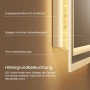 Emke Badspiegel: Detailansicht der warmweißen LED-Hintergrundbeleuchtung, 5mm gehärtetes Glas, mattierter Rand für blendfreies Licht.