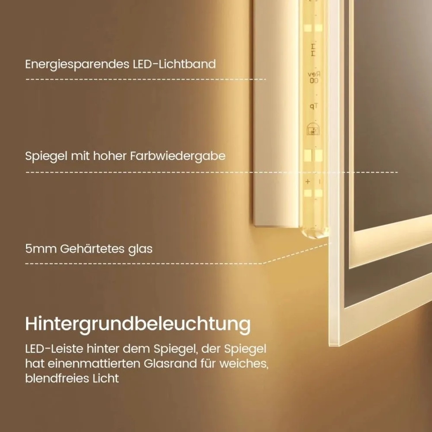 Emke Badspiegel: Detailansicht der warmweißen LED-Hintergrundbeleuchtung, 5mm gehärtetes Glas, mattierter Rand für blendfreies Licht.