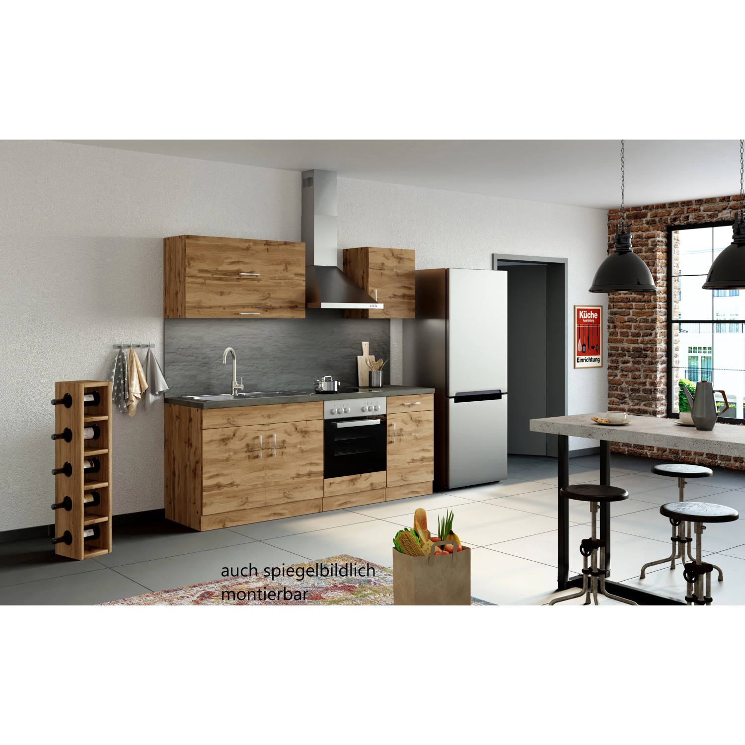 Moderne Küchenzeile Sorrento 210 cm in Wotaneiche, ohne E-Geräte.