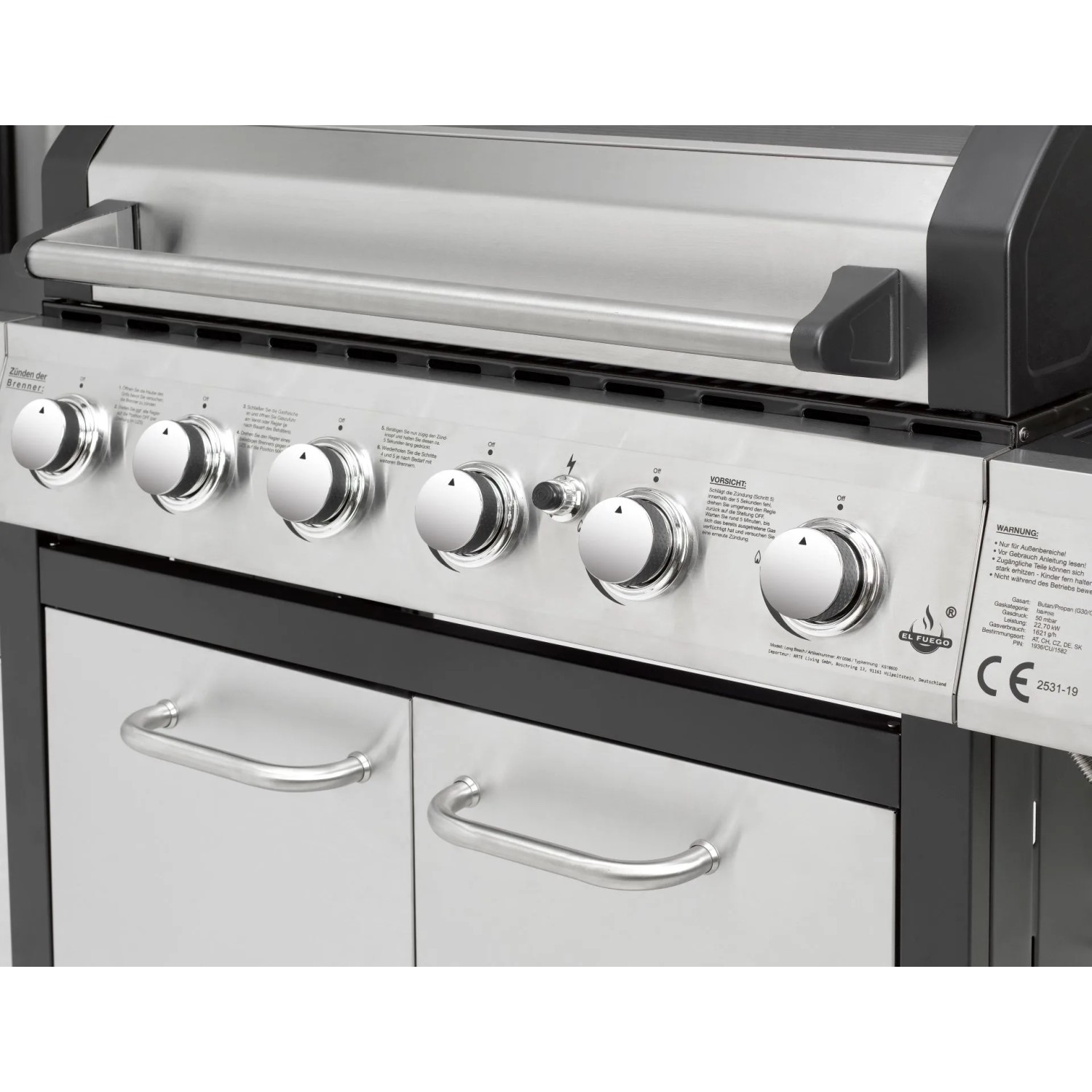 Edelstahl-Gasgrill El Fuego Long Beach mit sechs Brennern und Unterschrank.