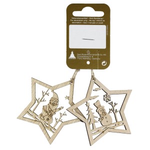 2er-Pack Deko Sterne aus Holz Natur zum Hängen, Ø 7cm, mit Wintermotiven (Weihnachtsmann, Schneemann)