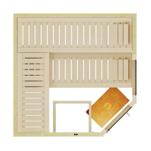 Weka Element-Ecksauna Varberg 3 Sparset, Innenansicht mit Liegen, Ofen und Glastür.