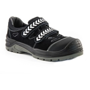 Schwarze Workpower Sicherheitssandale S1P Austin Gr. 41 mit Klettverschluss und grauer Sohle.