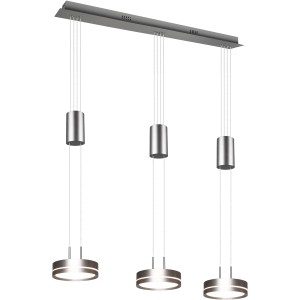Moderne Trio LED-Pendelleuchte Franklin in Nickel Matt mit drei Leuchten für Wohn- und Esszimmer.