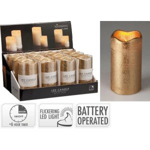 Goldene LED-Kerze mit flackerndem Licht, Timerfunktion und wellenförmigem Rand. 7x13 cm.