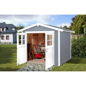 Graues weka Gartenhaus 224 mit geöffneter Doppeltür und Satteldach. Ideal zur Gartenaufbewahrung.
