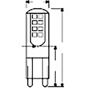 Technische Zeichnung Osram LED Leuchtmittel G9, 2.6W, Warmweiß, Abmessungen 4.7 x 1.5 cm.