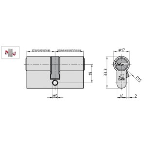 Skizze eines Basi BM Profil Doppelzylinders 35/70 mm mit Notfunktion und Maßen.
