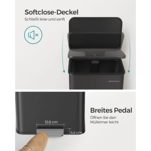 Schwarzer Songmics Mülleimer (40 l) mit Softclose-Deckel und Fußpedal. Inkl. 15 Müllbeutel.