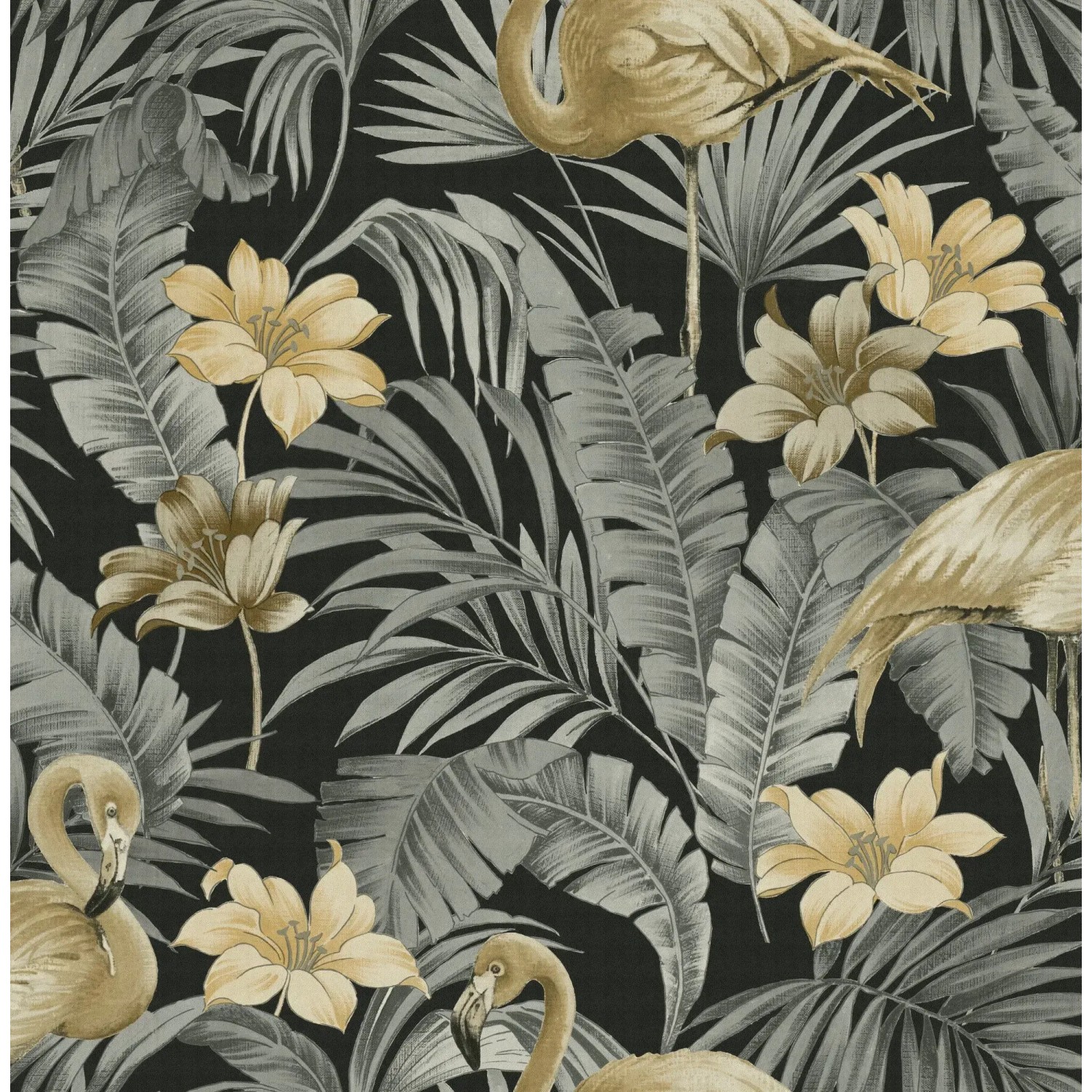 Superfresco Easy Vliestapete Sandrine Tropics Dark mit Flamingos und tropischen Blättern.