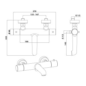 Technische Zeichnung Schöner Wohnen Wannen-Thermostat Dicu Eco-Stop Chrom mit Maßangaben.