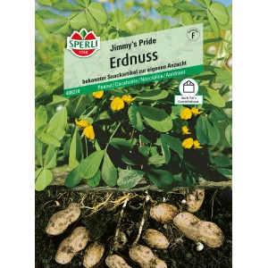 Sperli Erdnuss Jimmy's Pride Samen, Packung mit Erdnusspflanze, gelben Blüten und Erdnüssen im Boden.