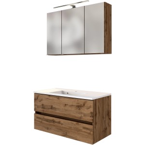2-tlg. Badmöbel-Set Verona in Wotaneiche: Waschtisch mit Mineralgussbecken und Spiegelschrank mit LED-Leuchte.
