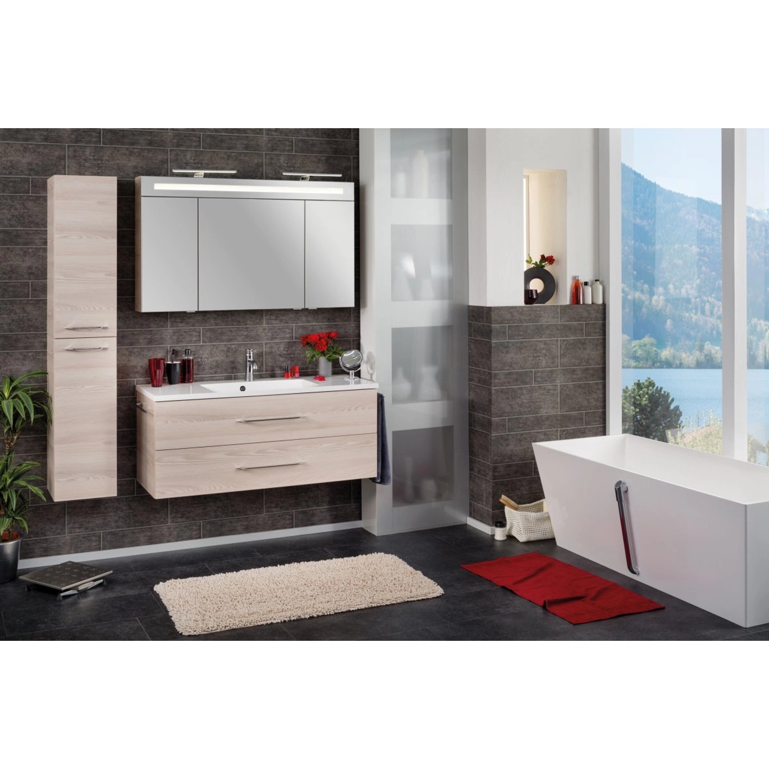 Fackelmann Einzelwaschtisch B.Clever 120 cm Alaska Esche mit Unterschrank und zwei Schubladen.