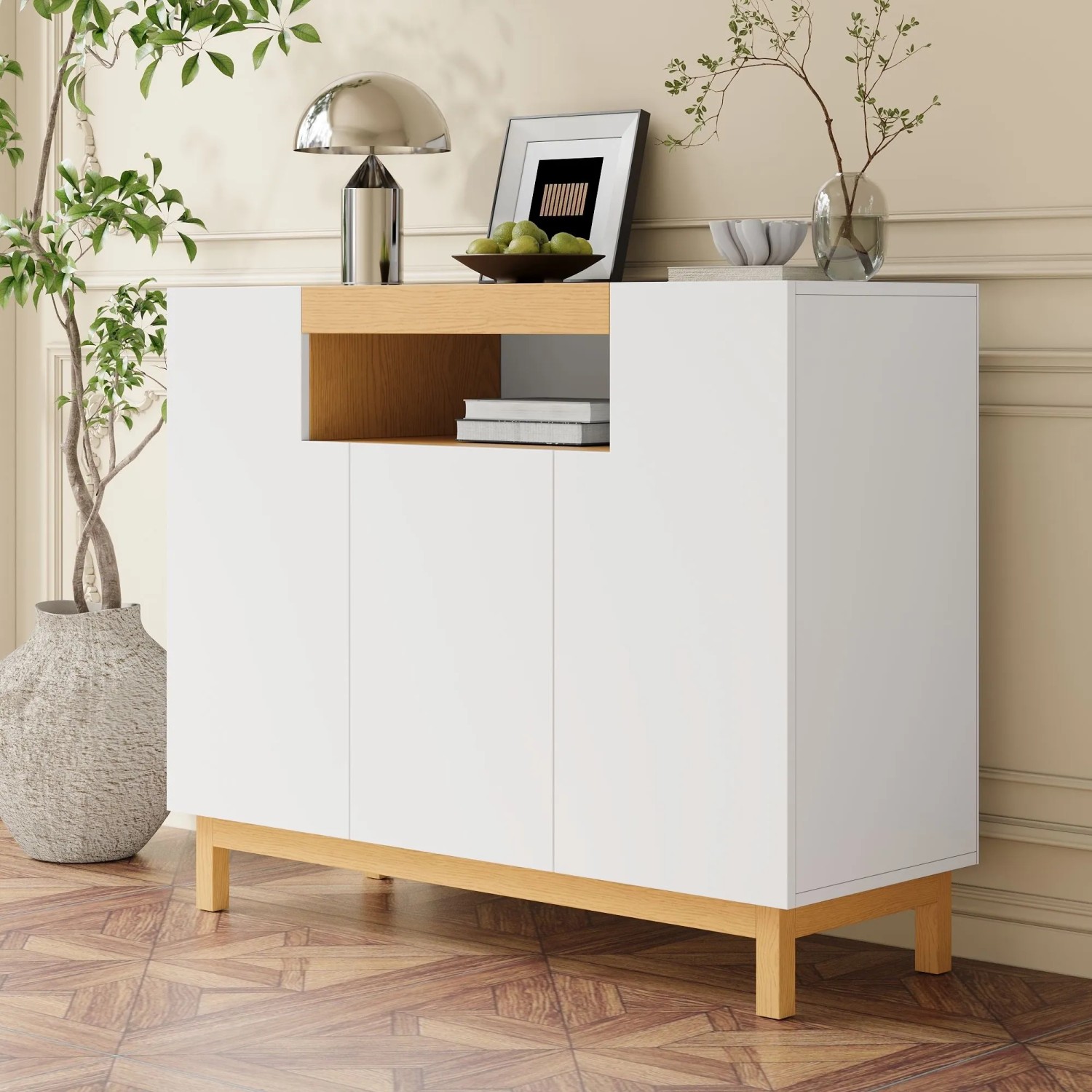 okwish Sideboard mit 3 Türen Wohnzimmer Esszimmer 120.5x42x96cm Weiß_2