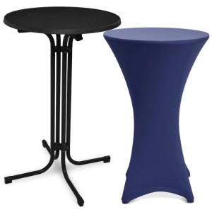 Beautissu Stehtisch Bellini, Ø 80cm, schwarz, mit blauer Stella Stehtischhusse.