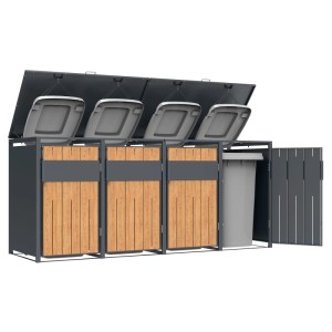 Westmann Mülltonnenbox Varius 4, anthrazit/Holzoptik, für 4 Mülltonnen, mit offenen Deckeln und Tür.