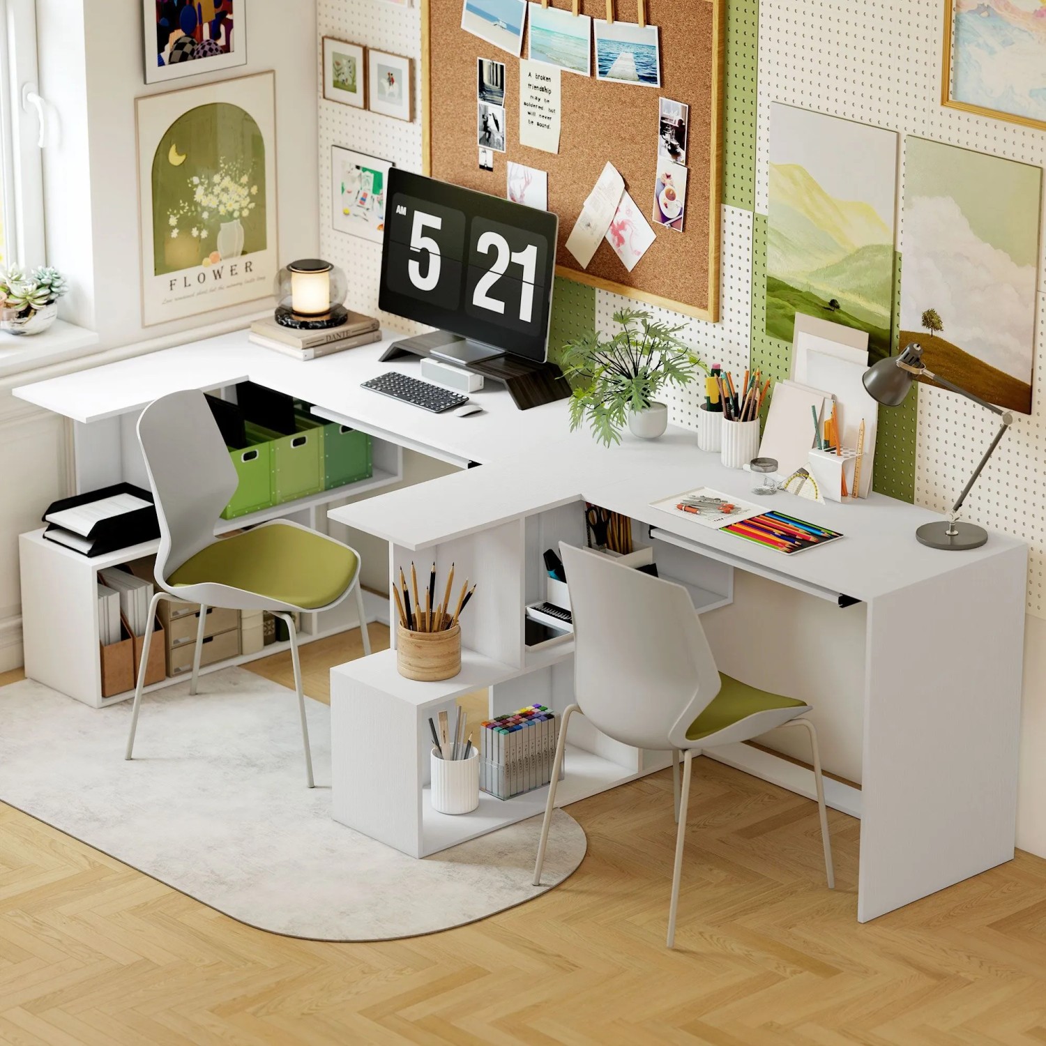 Weißer L-förmiger Computertisch aus Spanplatte mit integriertem Regal und Tastaturablage für modernes Home-Office.