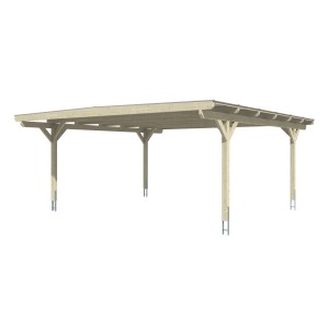 Skan Holz Doppelcarport Odenwald mit Flachdach und geraden Kopfbändern aus Leimholz.