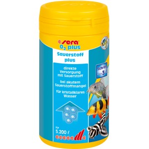 Sera O2 Plus Aquarium-Wasserklärer, 250ml Dose in Gelb und Blau. Hilft bei Sauerstoffmangel.