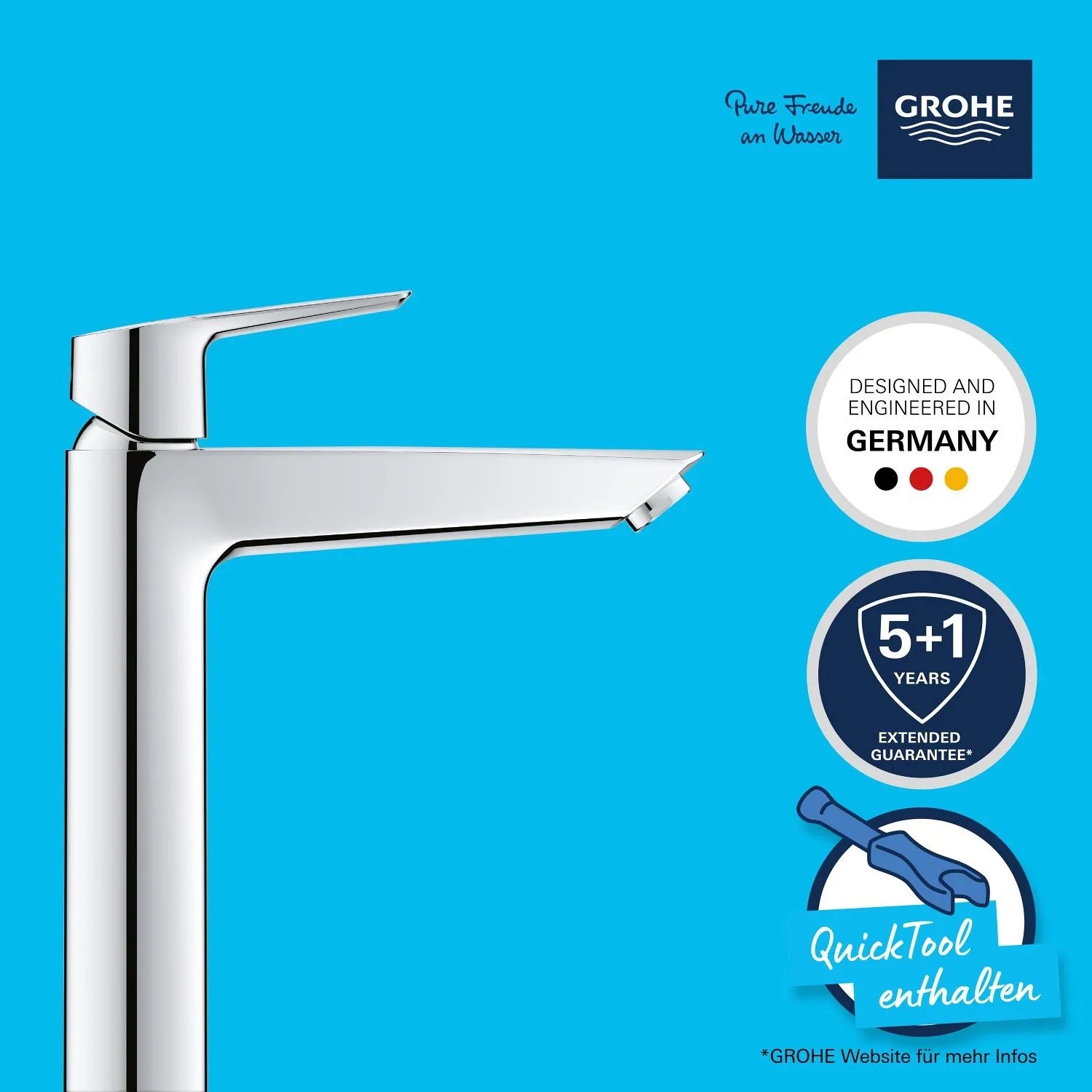 Grohe QuickFix Waschtischarmatur Start XL: Chrom Armatur mit hohem Auslauf für Waschbecken.