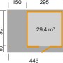 Grundriss WekaLine Gartenhaus mit Flachdach, 445x377 cm. Holz-Gartenhaus mit Anbau.