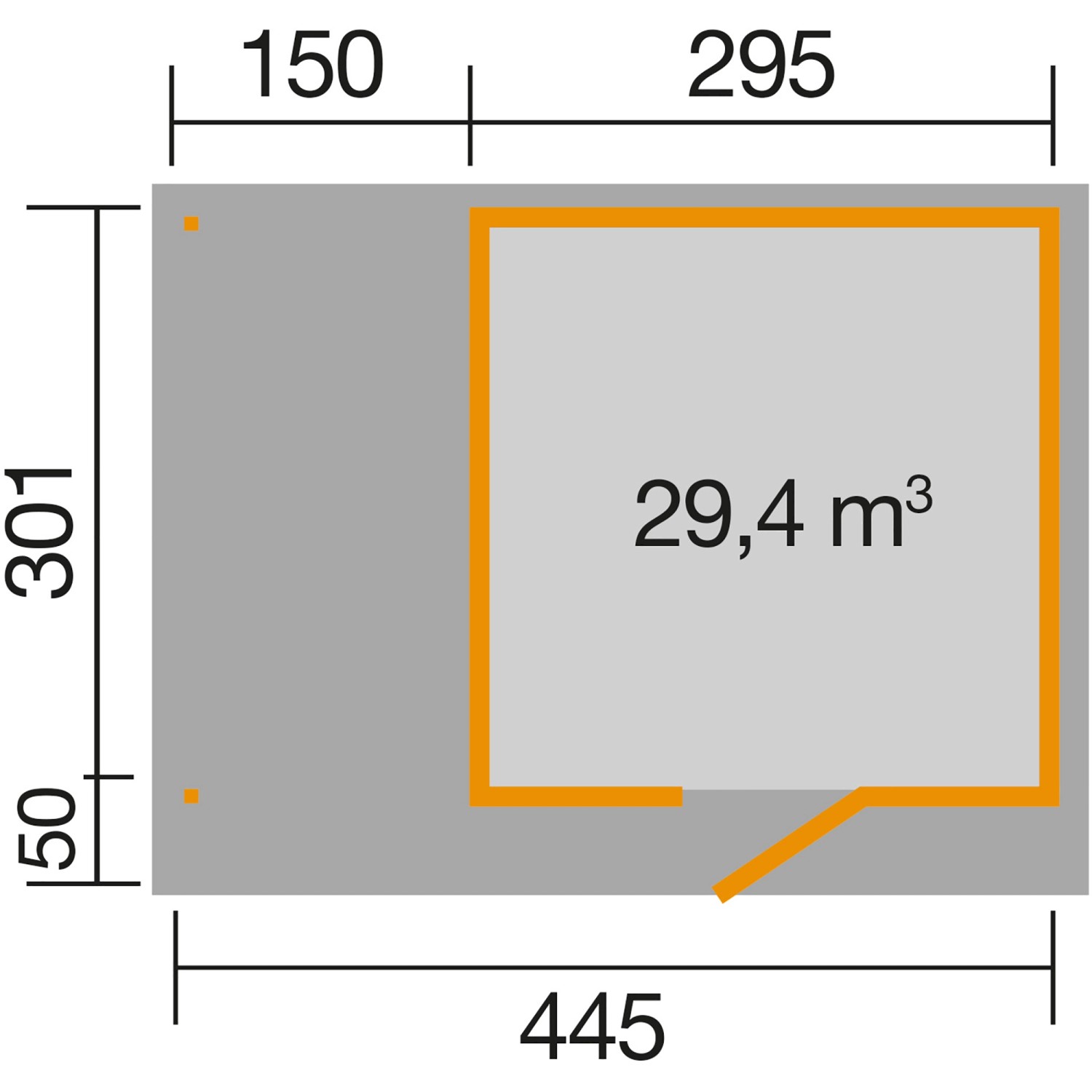 Grundriss WekaLine Gartenhaus mit Flachdach, 445x377 cm. Holz-Gartenhaus mit Anbau.