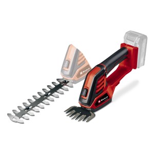 Einhell Akku-Gras- und Strauchschere GE-CG 18/100 Li-Solo mit zwei Aufsätzen. Ideal für Rasenkanten und Sträucher.