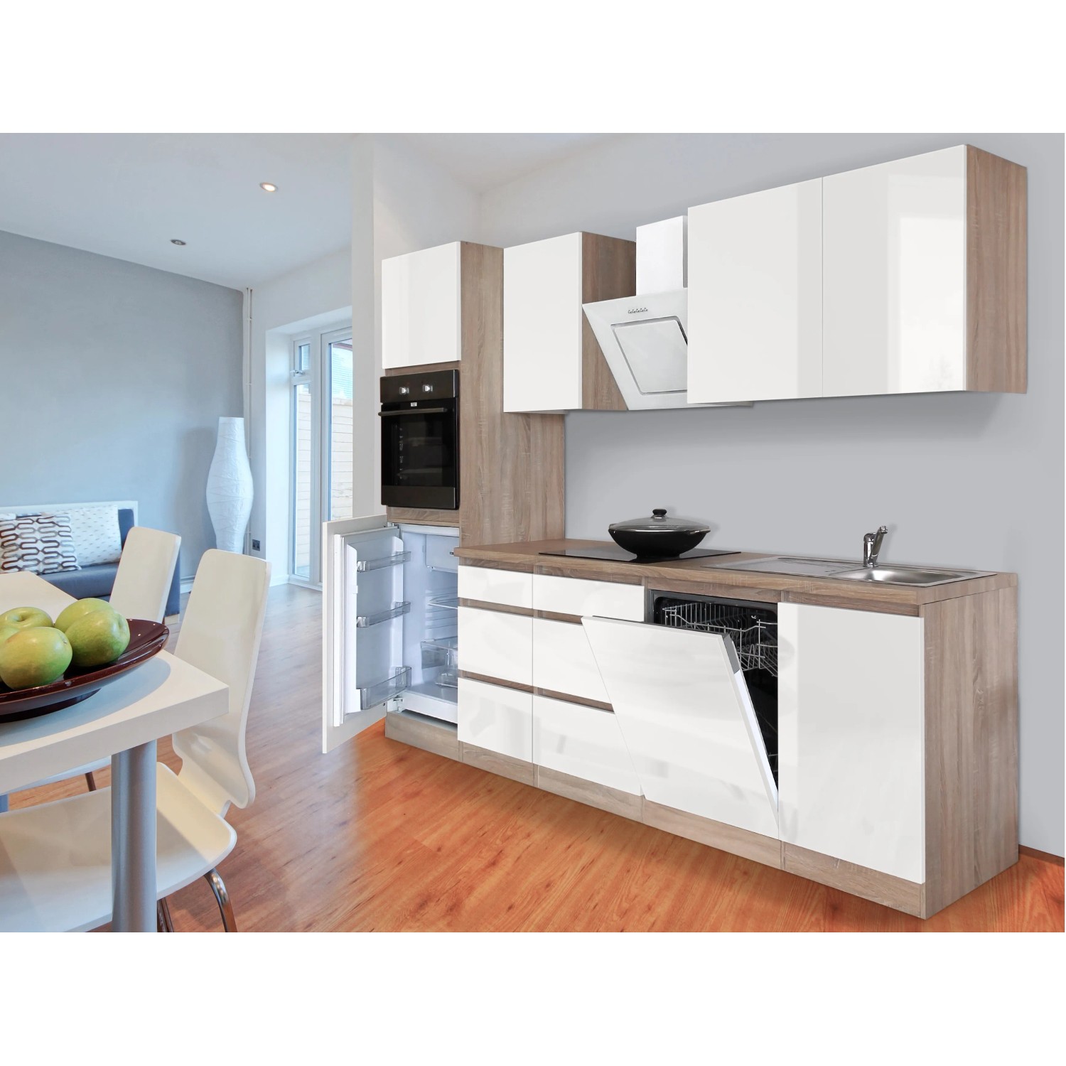 Respekta Küchenzeile GLRP280HESW, 280 cm, Weiß Hochglanz/Sonoma Eiche, mit E-Geräten.